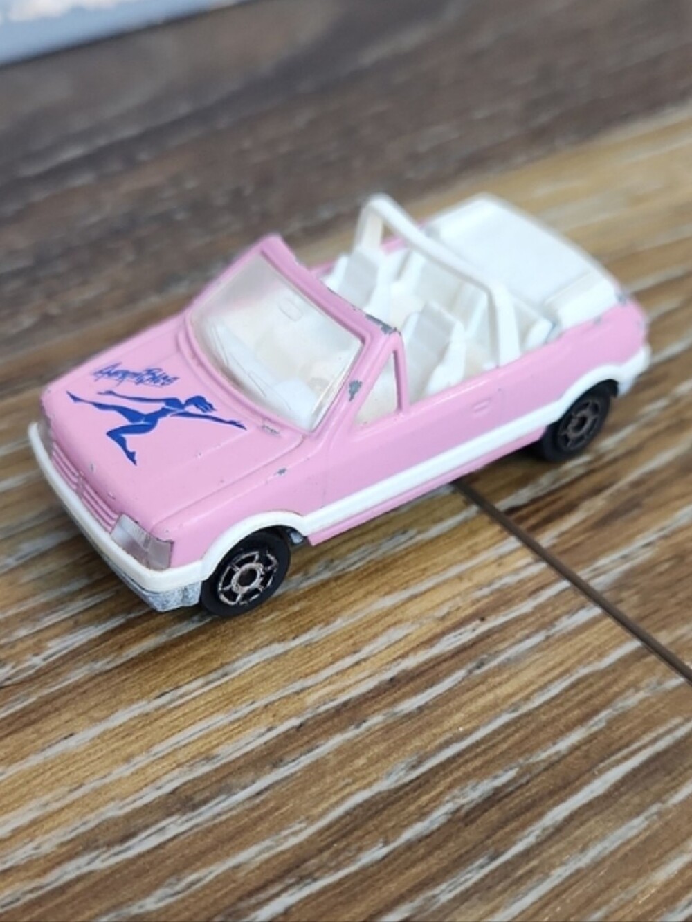 Vintage Majorette Peugeot 205 GTI Pink Convertible Aerobics Toy Car Blue White